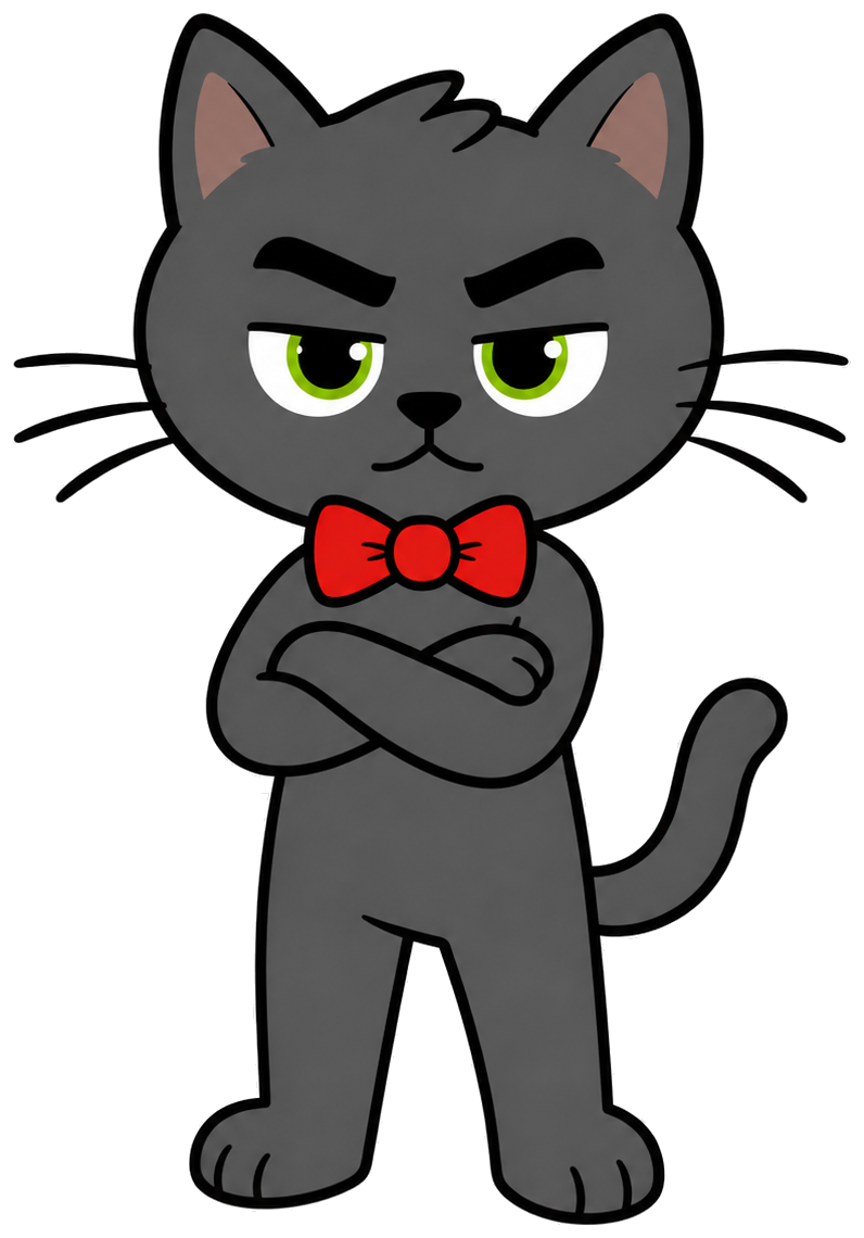 Mascotte ufficiale CATSO, seria e con le braccia incrociate
